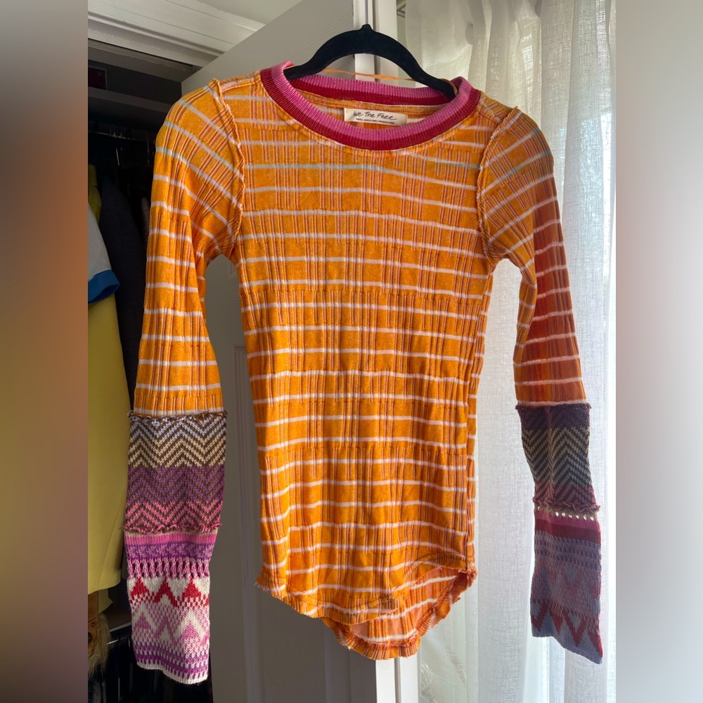 Free People - Orange & White striped long sleeve top with pink details